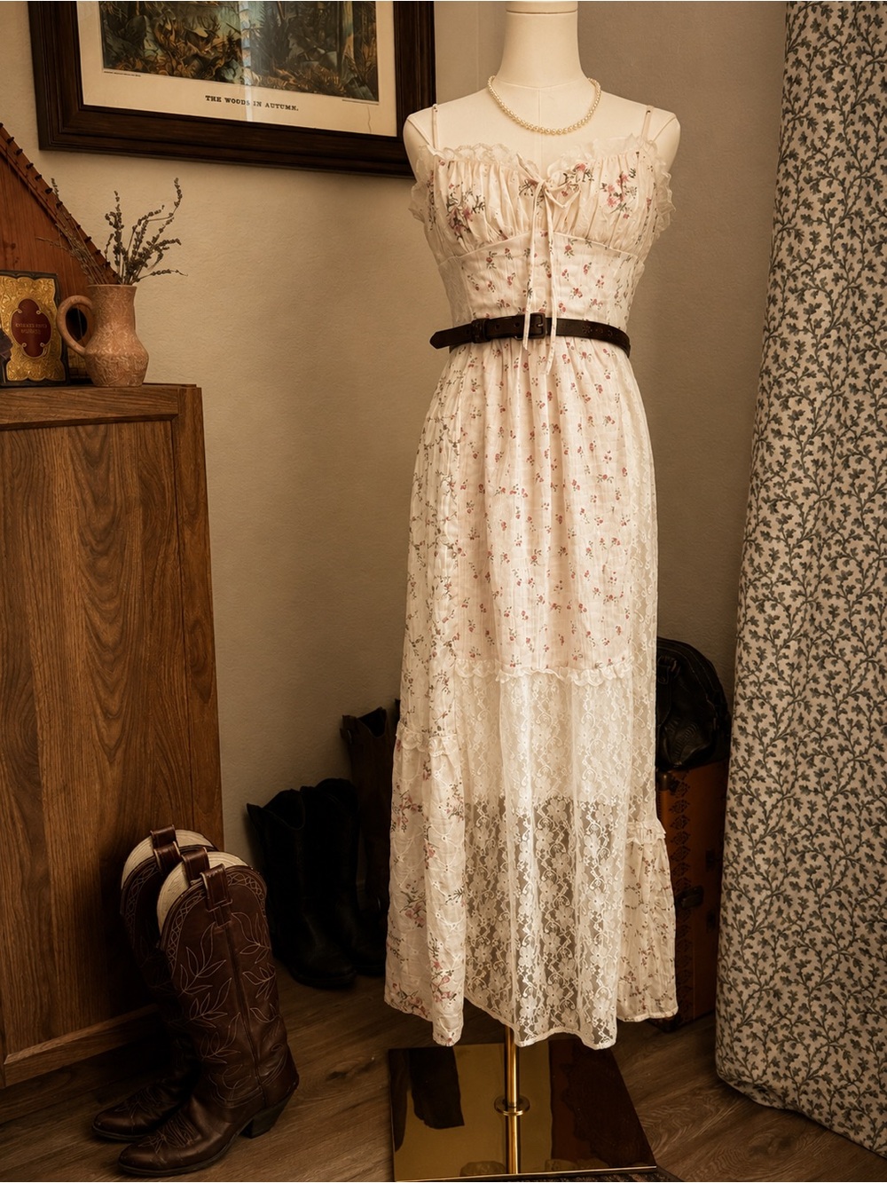 All In Favor Floral Lace Midi Dress Cottagecore Prairie Dress Medium